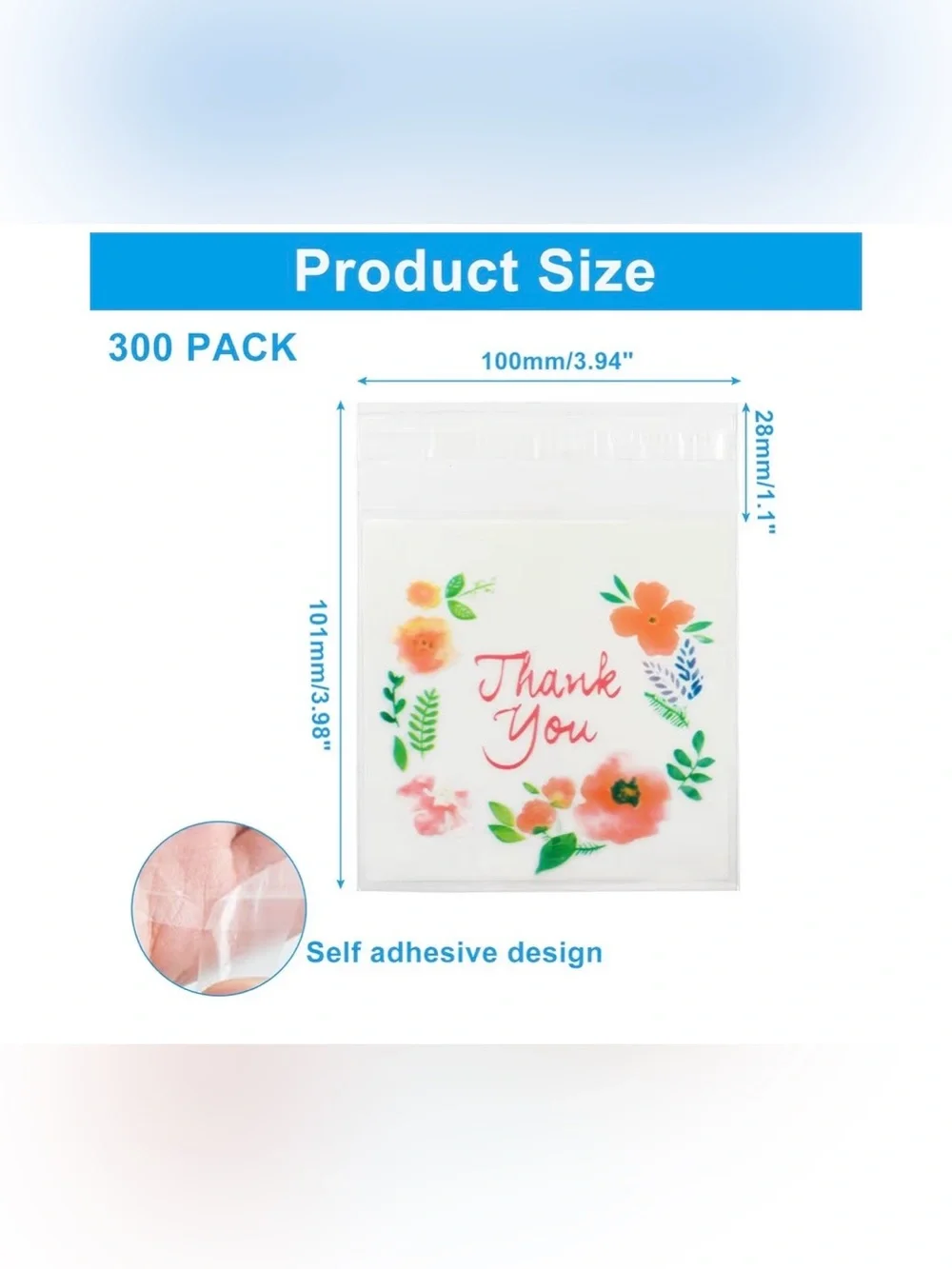 300 Pack Thank You Plastic Bags, Pink Flower Self Adhesive Bags 4”x4”
